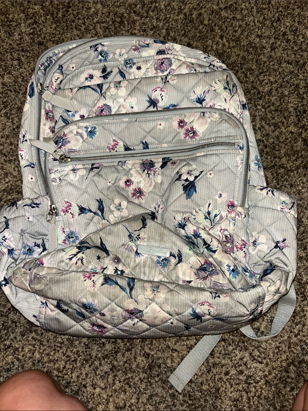 Vera Bradley Light Gray Quilted Floral Backpack with Blue and Pink Accents